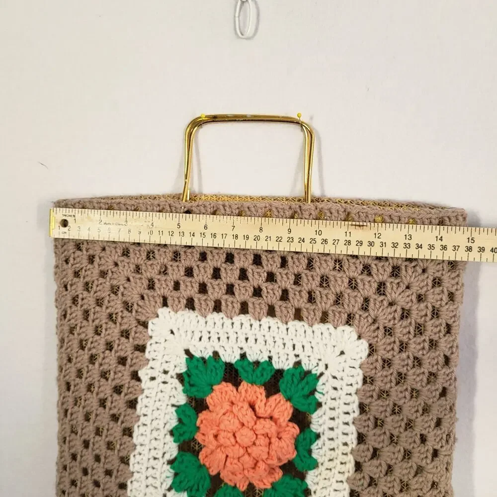 Crochet Floral Tote‎ Bag Medium Tan Orange Dimensional Flowers Boho